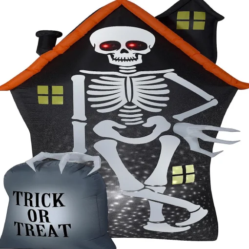 Gemmy Projection Airblown Starspinner Skeleton And Haunted House Tombstone Scene (White) 8 Ft Tall