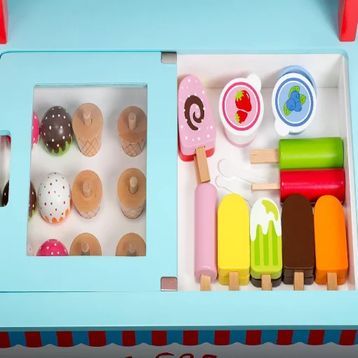 Ice Cream Cart Kids Playstand- Premium Wood 33+ Piece Realistic Wooden Play Set W Money Box, Chalkboard And 30+ Icecream Accessories