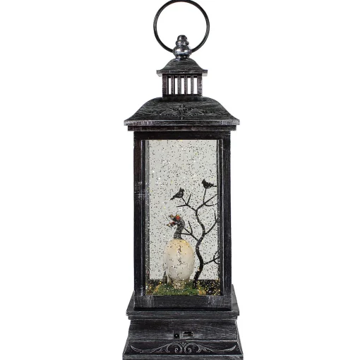 Northlight 11" Black And Brushed Silver Led Skull Head Halloween Snow Globe Lantern