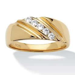 Palmbeach Jewelry Men's Yellow Gold-Plated Sterling Silver Round Cubic Zirconia Diagonal Wedding Band Ring (1.5Mm) Sizes 8-16