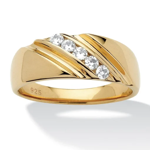 Palmbeach Jewelry Men's Yellow Gold-Plated Sterling Silver Round Cubic Zirconia Diagonal Wedding Band Ring (1.5Mm) Sizes 8-16