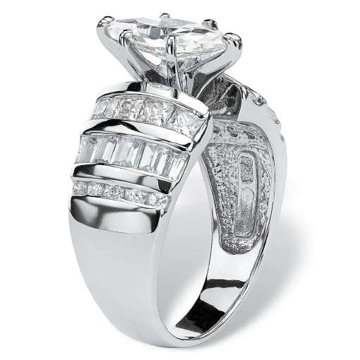 Palmbeach Jewelry Platinum-Plated Sterling Silver Marquise Cut Cubic Zirconia Channel Set Engagement Ring Sizes 7-12
