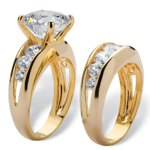 Palmbeach Jewelry Yellow Gold-Plated Round Cubic Zirconia Channel Set Bridal Ring Set Sizes 6-10