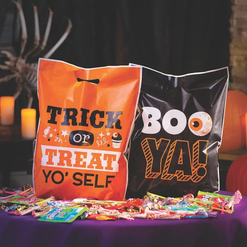 12-1/2" X 17" Bulk 50 Pc. Halloween Funny Sayings Trick-Or-Treat Plastic Goody Bags