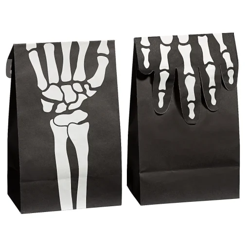 5 1/4" X 13" Fold-Over Skeleton Hand Paper Treat Bags - 12 Pc.