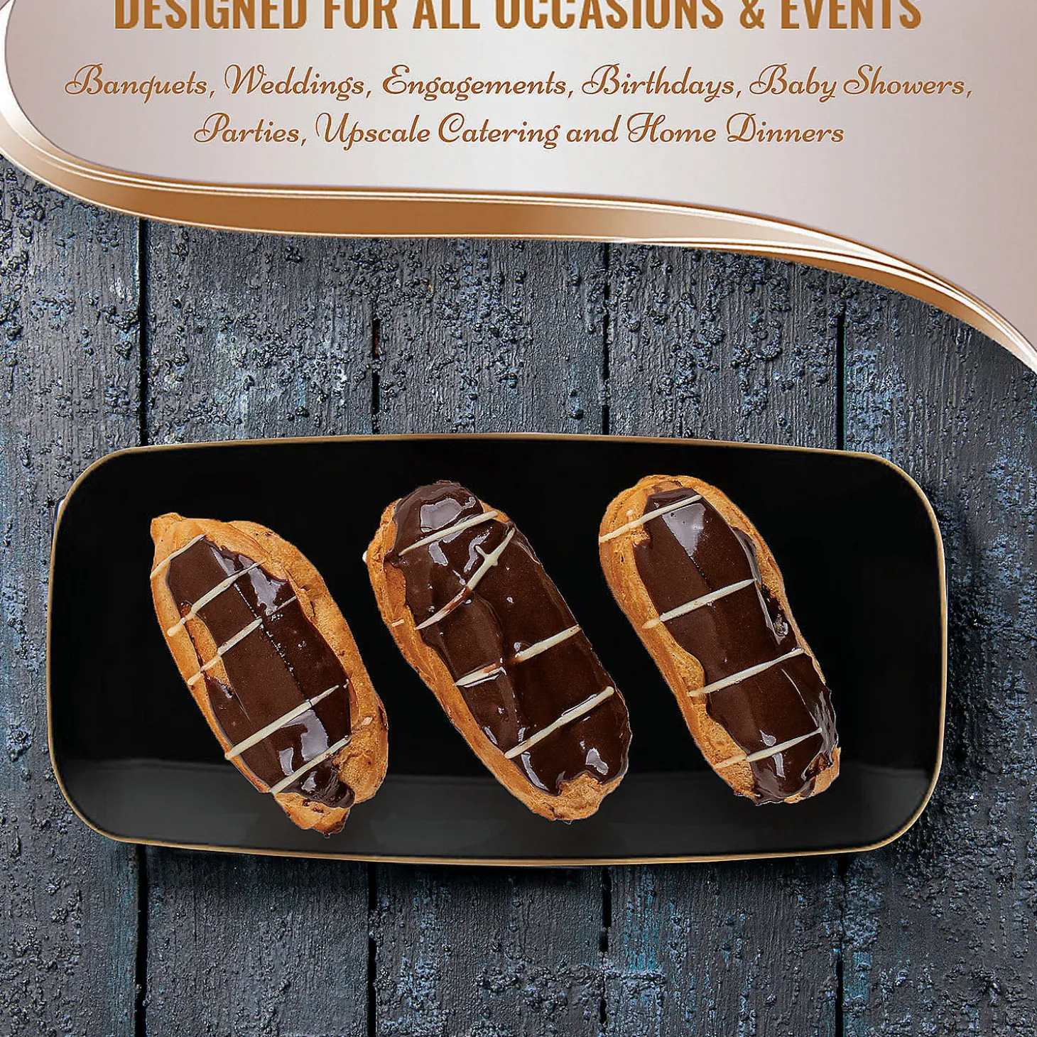 10.6" X 5" Black With Gold Rim Flat Raised Edge Rectangular Disposable Plastic Plates (50 Plates)