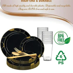 Black With Gold Marble Disposable Plastic Dinnerware Value Set (20 Settings)