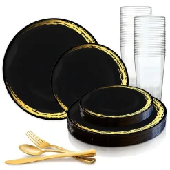 Black With Gold Moonlight Round Disposable Plastic Dinnerware Value Set (20 Settings)
