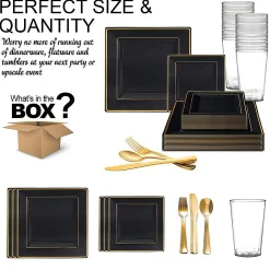Black With Gold Square Edge Rim Plastic Dinnerware Value Set (20 Settings)