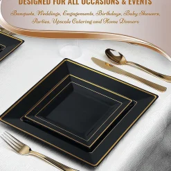 Black With Gold Square Edge Rim Plastic Dinnerware Value Set (20 Settings)