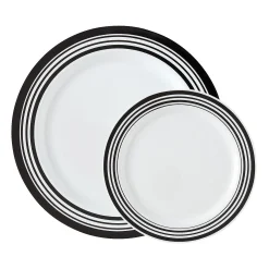 Bulk Premium White Plastic Plates With Black & White Trim - 100 Ct.