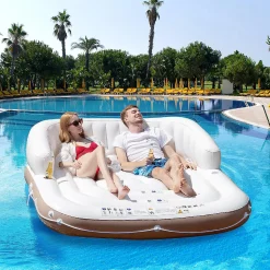 Costway Floating Island Inflatable Swimming Pool Float Lounge Raft With Canopy Spf50+ Retractable Detachable Sunshade With Two Cup Holders