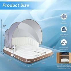 Costway Floating Island Inflatable Swimming Pool Float Lounge Raft With Canopy Spf50+ Retractable Detachable Sunshade With Two Cup Holders