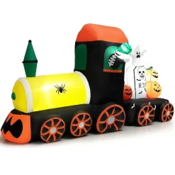 Costway 8Ft Long Halloween Inflatable Skeleton Ride On Train Led Lighted Halloween Decor