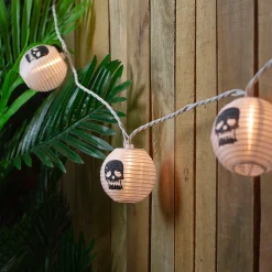 10-Count White And Black Skull Paper Lantern Halloween Lights 8.5Ft White Wire