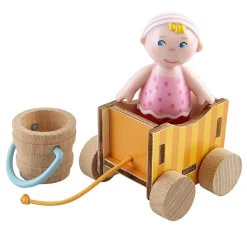 Haba Little Friends Baby Nora - 2.5" Dollhouse Toy Figure With Wagon And Pail
