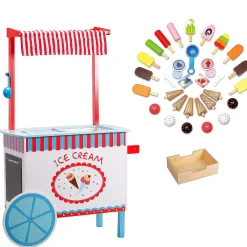 Ice Cream Cart Kids Playstand- Premium Wood 33+ Piece Realistic Wooden Play Set W Money Box, Chalkboard And 30+ Icecream Accessories