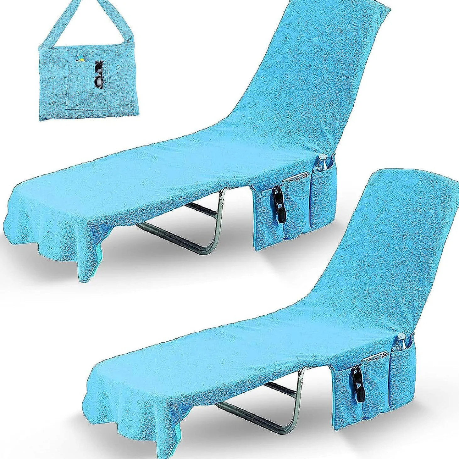 Kovot Chaise Lounge Beach Chair Towel Cover With Pockets Light Blue 84 X 26 Inches 2 Pack