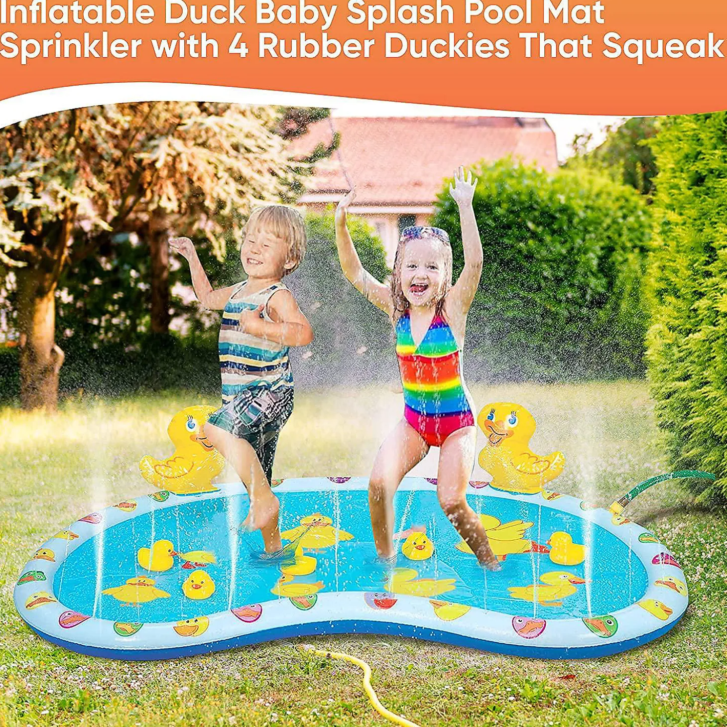 Kovot Inflatable Duck Baby Splash Pool Mat Sprinkler With 4 Rubber Duckies That Squeak 54 Inch
