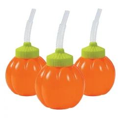 Lil' Pumpkin Bpa-Free Plastic Cups With Lids & Straws - 12 Ct.