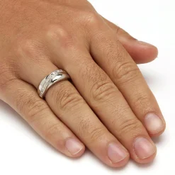 Palmbeach Jewelry Men's Platinum-Plated Sterling Silver Round Genuine Diamond Wedding Band Ring (1/8 Cttw, I Color, I3 Clarity) Sizes 8-16