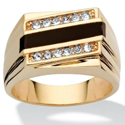 Palmbeach Jewelry Men's Yellow Gold-Plated Emerald Natural Black Onyx And Round Crystal Ring Sizes 8-13