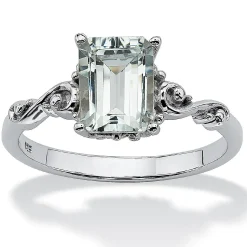 Palmbeach Jewelry Platinum-Plated Sterling Silver Emerald Cut Genuine Aquamarine Scrolling Shank Ring Sizes 5-10