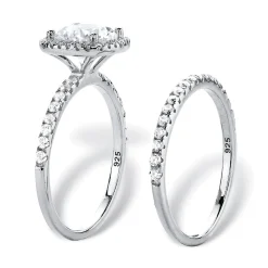 Palmbeach Jewelry Platinum-Plated Sterling Silver Round Cubic Zirconia Halo Bridal Ring Set Sizes 6-10