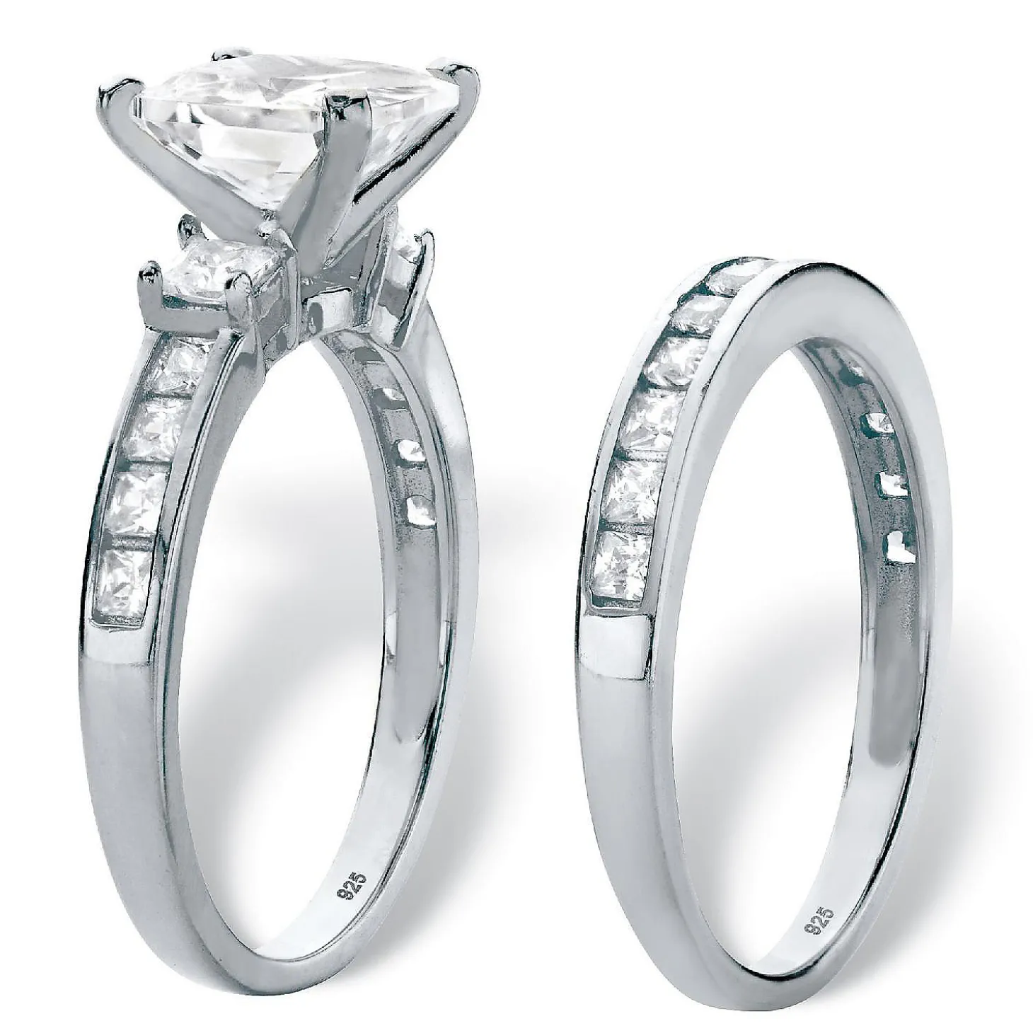 Palmbeach Jewelry Platinum-Plated Sterling Silver Princess Cut Cubic Zirconia Bridal Ring Set Sizes 6-10