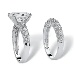 Palmbeach Jewelry Platinum-Plated Emerald Cut Cubic Zirconia Bridal Ring Set Sizes 5-10