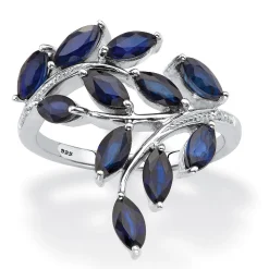 Palmbeach Jewelry Platinum-Plated Sterling Silver Marquise Cut Genuine Blue Sapphire And Diamond Accent Leaf Ring Sizes 6-10