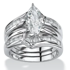 Palmbeach Jewelry Sterling Silver Marquise Shaped Cubic Zirconia 3 Piece Bridal Ring Set Sizes 6-10