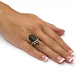 Palmbeach Jewelry Yellow Gold-Plated Marquise Shaped Natural Black Onyx And Round Cubic Zirconia Ring Sizes 6-12