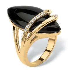 Palmbeach Jewelry Yellow Gold-Plated Marquise Shaped Natural Black Onyx And Round Cubic Zirconia Ring Sizes 6-12