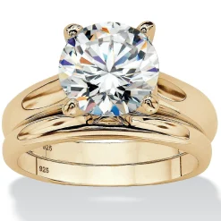Palmbeach Jewelry Yellow Gold-Plated Sterling Silver Round Cubic Zirconia Solitaire Bridal Ring Set Sizes 5-10